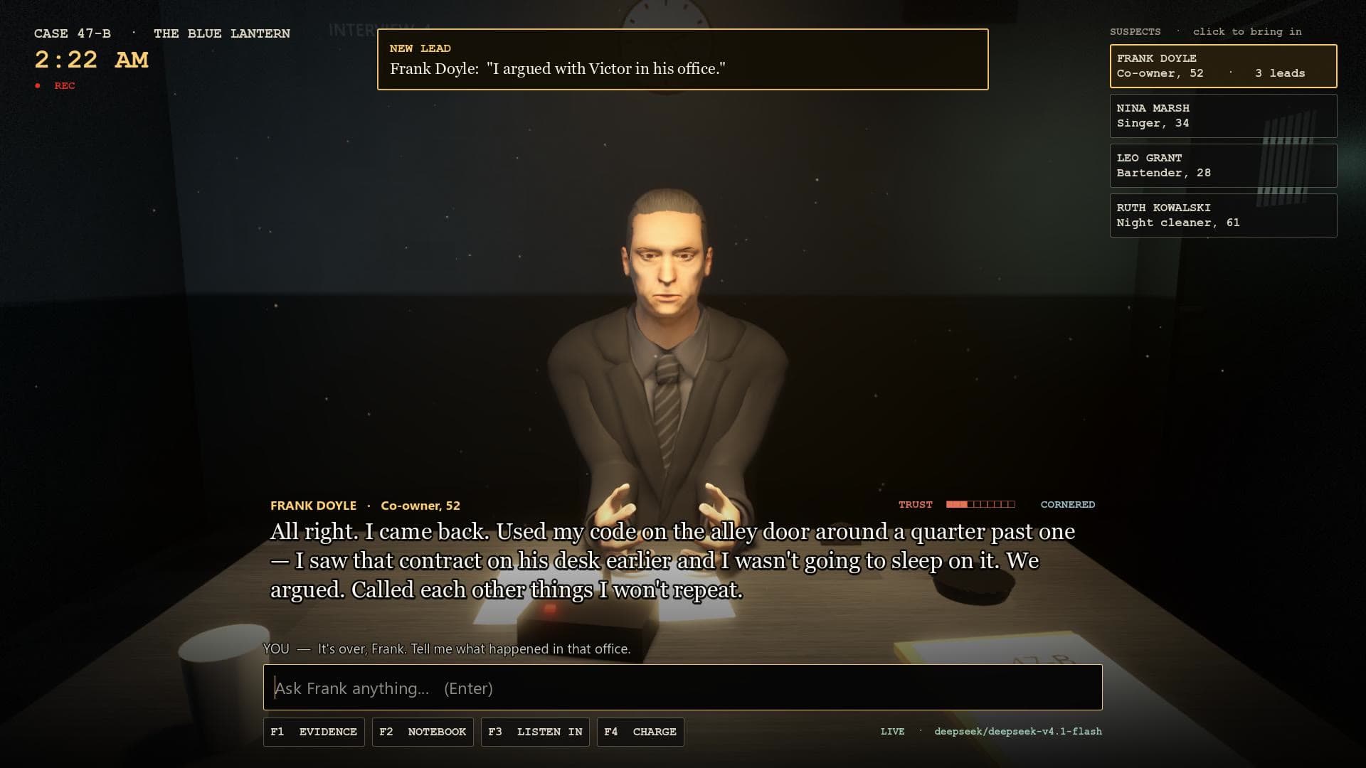 The Box: a suspect answering a question nobody wrote for him, live.